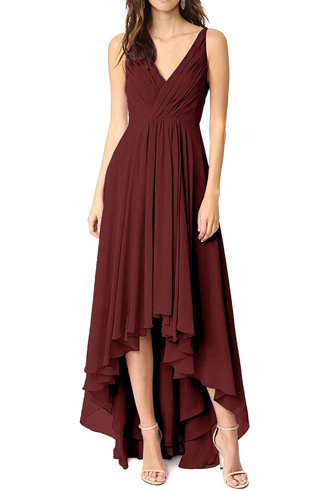 

Women's Chiffon Wedding Party Gowns Ruched V Neck High Low Bridesmaid vestidos de fiesta
